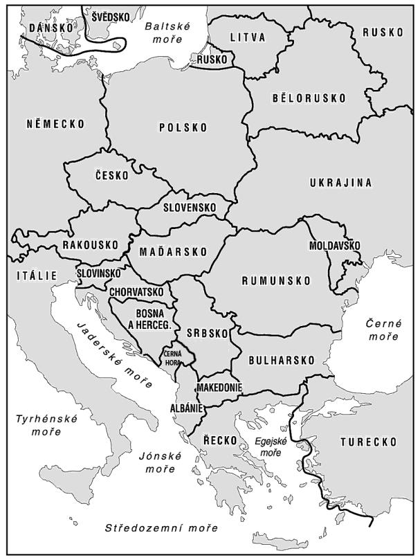 Část A: Geopolitické schéma dějin Evropy hlavních směrů od pěti moří: (a) do Severního moře ústí Labe, (b) do Baltského moře Odra, Visla a Němen, (c) do Černého moře Dněstr, Jižní Bug a Dněpr, (d) do