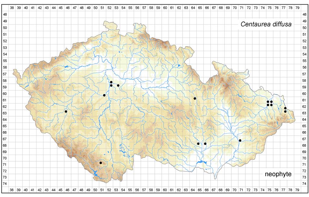 Distribution of Centaurea diffusa in the Czech Republic Author of the map: Petr Koutecký, Patrik Mráz Map produced on: 06-02-2018 Database records used for producing the distribution map of Centaurea