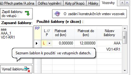 Konstrukce příčných řezů V pravé polovině záložky je tabulka umístění šablon na trase.