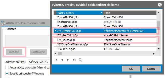 Po kliknutí na tlačítko Ovladač zvolit ovladač fiskální tiskárny Po kliknutí na tlačítko