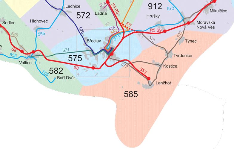 Na obrázku č. 14 je znázorněno stávající rozdělení zón v jižní části IDS JMK. Nově vzniklá zóna č. 594 by tak přímo sousedila se zónou č. 585.