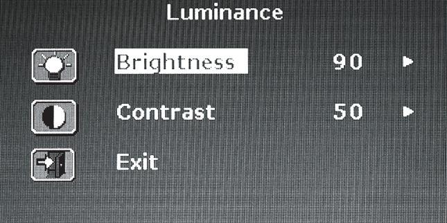 Stisknutím tlačítek /\ nebo \/ vyberte položku Svítivost - Luminance a stisknutím tlačítka MENU vyberete v sub-menu nastavení Jasu a Kontrastu.