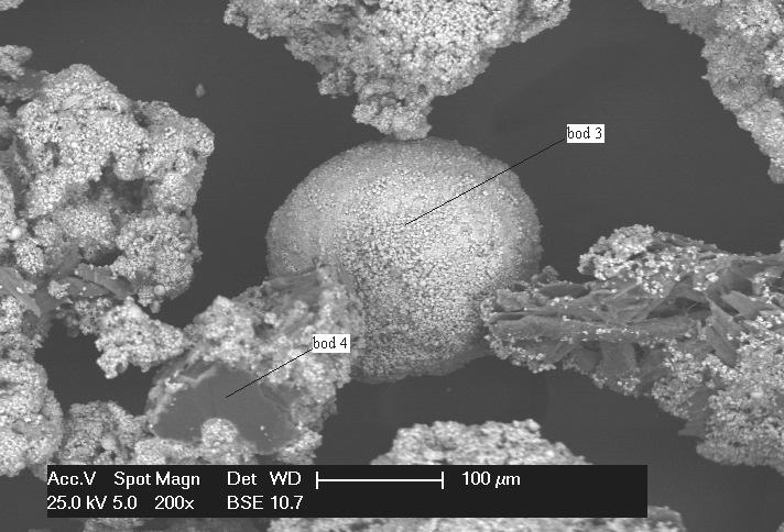 12 Scan picture of sample with points 3,4 for surface analysis pressure leaching Tabulka 11 Plošná a bodová analýza loužence po lakovém loužení 120 min plošná p2 bod 3 bod 4 prvek Wt % At % Wt % At %