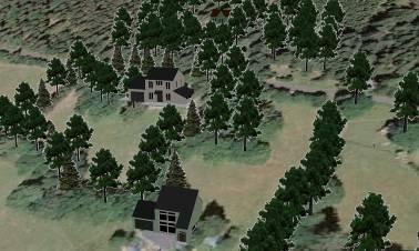 Obrázek 29 3D vizualizace budov a stromů Pokud bychom chtěli vizualizovat reálnou budovu, můžeme ji jednoduše vytvořit např. pomocí aplikace Google SketchUp a následně ji importovat do ArcScene.
