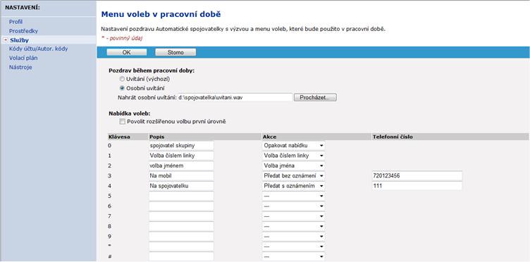 1) Automatická spojovatelka - IVR Aktivace Automatické spojovatelky Menu voleb v pracovní době.