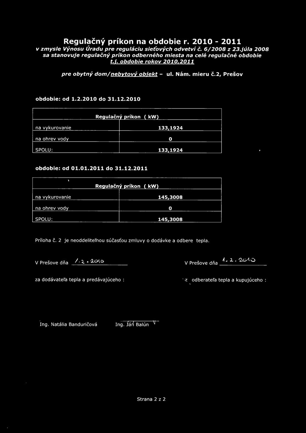 12.2011 \ Regulačný príkon _f kw} na vykurovanie 145,3008 na ohrev vody O SPOLU: 145,3008 Príloha Č. 2 je neoddelitel'nou súčasťou zmluvy o dodávke a odbere tepla. V Prešove dňa 1.2.2010 V Prešove dňa a.