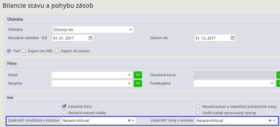 Do voľby Inventúra a Bilancia stavu a pohybu zásob pribudli dve nové políčka Zaokrúhľovanie množstva v zostave a Zaokrúhľovanie ceny v zostave.