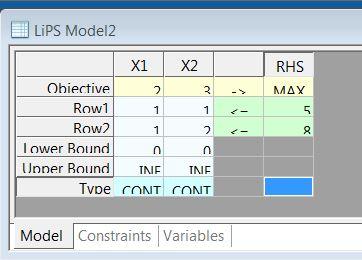 2.3 Cvi ení e²ení úloh LP v LiPS Alternativním programem (krom spousty dal²ích) pro e²ení úloh LP a IP je LiPS (free download http://sourceforge.net/projects/lipside/, nepot ebuje instalaci).