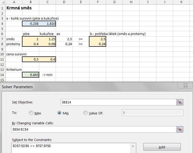 x 1 + 1.25x 2 2.5 0.4x 1 + 0.08x 2 0.24 nebo = v omezení (nechceme zbytky). Program: U1e_krmnaSmes.xlsx 3.5 Optimální ezání ty í Máme ty e dlouhé 7.