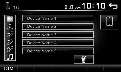 Chytrý telefon s Bluetooth (DMX110BT) Přehrávání z Bluetooth audio zařízení 2 Zmáčkněte [BT Audio]. ÑÑOvládací obrazovka zdroje 1 4 3 Vymazání registrovaného zařízení Bluetooth 2 Klepněte na [TEL].