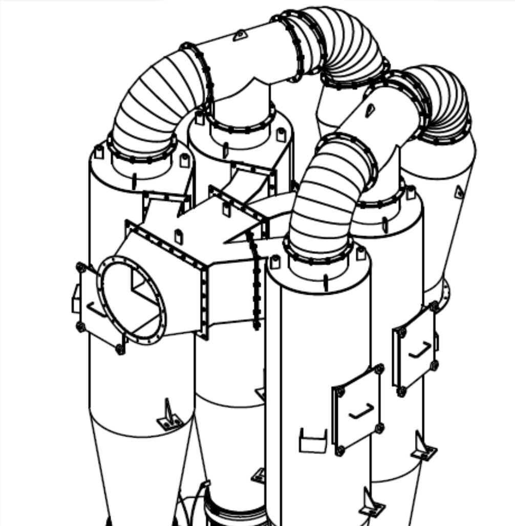 Výška vlastního cyklonu: 9 000 mm Celková hmotnost sestavy: 16 600 kg Druhá sestava je menších rozměrů a je tvořena taktéž čtveřicí vírových odlučovačů, sběrnou komorou vybavenou systémem proti