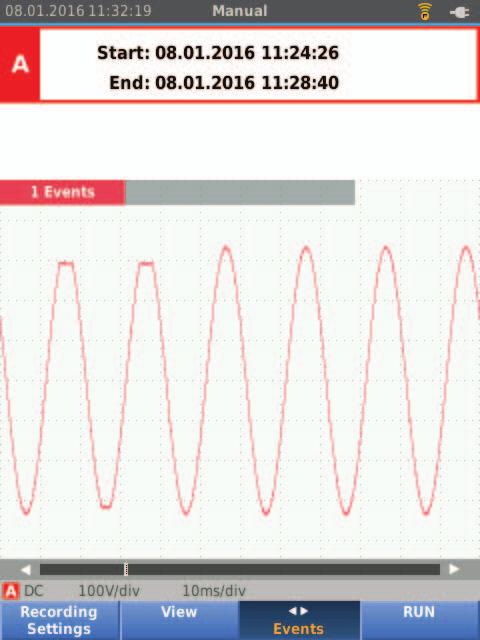 Na testovacím přístroji ScopeMeter lze pomocí funkce ScopeRecord a režimu Event Capture monitorovat signál v delších časových obdobích a zjišťovat těžko postižitelné přechodné události.