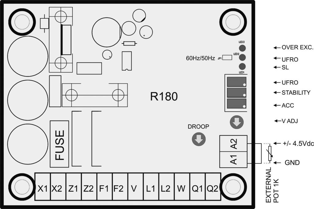 2 - NASTAVENÍ AVR Propojka pro volbu UFRO Otevřené - 60Hz provozní režim. Uzavřené - 50 Hz provozní režim. Potenciometr UFRO 45 Hz až 55 Hz v režimu 50 Hz. 55Hz až 65Hz v režimu 60Hz.