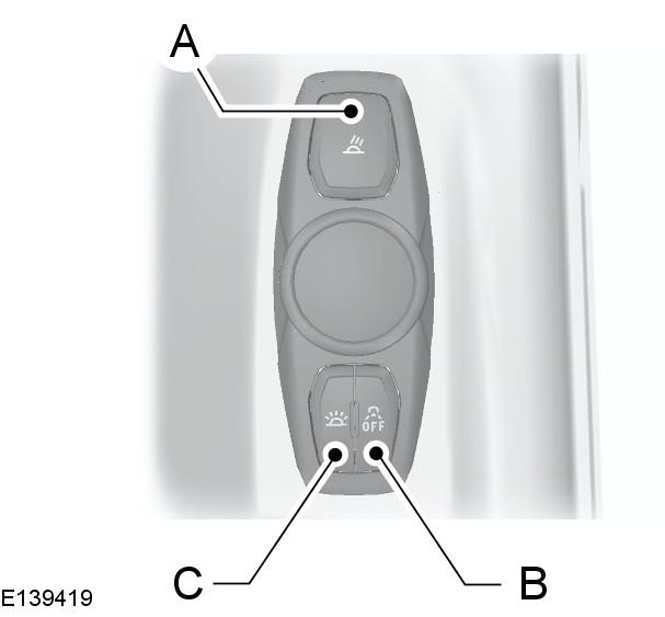 Osvětlení Boční světlo A Svítilna na čtení B Spínač funkce dveří. C Spínač zapnutí všech světel. Otočením ovladače B za první polohu zapněte osvětlení a nastavte požadovaný jas.