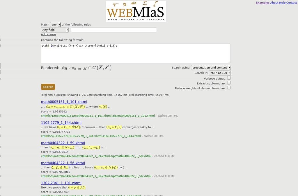 Jiný příklad WebMIaS Data (matematické formule) vzaty z arxiv.org V.