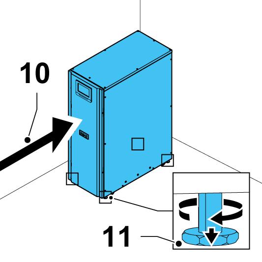 10. Dotlačte skříň na místo instalace. 11. Zajistěte skříň UPS v dané poloze vysunutím vyrovnávacích nohou tak, aby skříň již nespočívala na kolečkách a byla vodorovná.