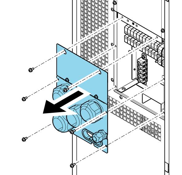 1. Svorkovnice jsou přístupné po odšroubování šroubů, jimiž je upevněn panel s průchodkami na zadní straně UPS. 2. Na desku nainstalujte vhodné kabelové průchodky. 3. Průchodkami protáhněte kabely. 4.