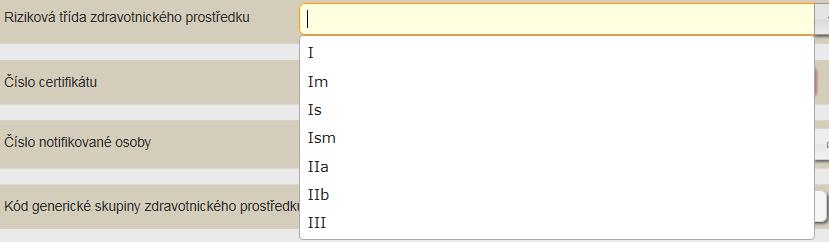 V poli Riziková třída u obecných zdravotnických prostředků vyberte z nabídky třídu, do které je ZP zařazen.