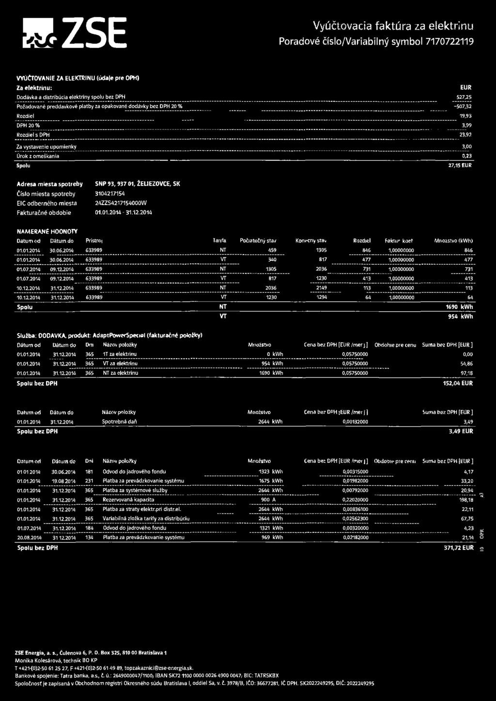 miesta spotreby SNP 93. 937 01, ŽELIEZOVCE, SK Číslo miesta spotreby 3104217154 EIC odberného miesta 24ZZS4217154000W Fakturačně obdobie 01.01.2014-31.12.