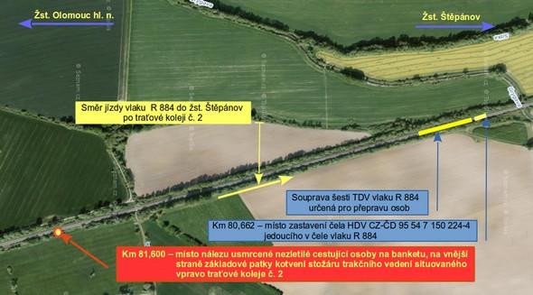 Vzhledem k nemožnosti určení přesného místa vypadnutí nezletilé cestující z otevřených ND je za místo vzniku MU považováno místo nálezu této cestující po vzniku MU, a to km 81,600 vpravo od osy 2.