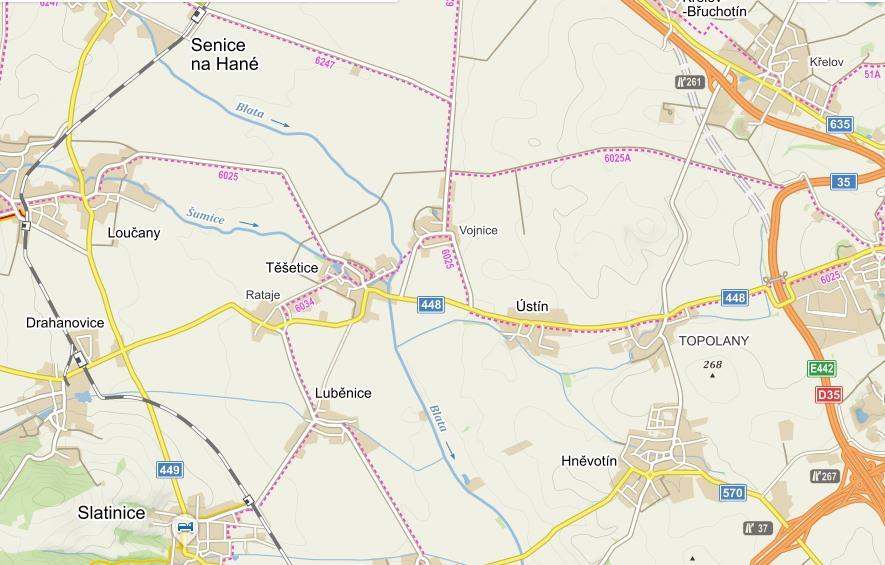 1.3.4 Cyklistická a pěší doprava Souběžně s komunikaci II/448 je vedena cyklotrasa č. 6025 vedoucí z Olomouce do Bouzova dlouhá 38,5 km, viz Obr. 6. Tato trasa se z II/448 odpojuje v obci Těšetice.