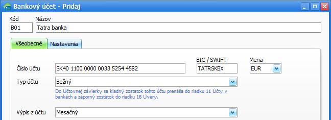 Cez menu Číselníky/Bankové účty zaevidujte tuzemský a devízový bankový účet podobne, ako pokladnice,