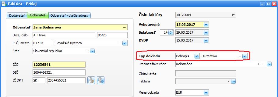 Dobropis za reklamáciu tovaru pre odberateľku Janu Bodnárovú vystavte rovnako ako faktúru pomocou tlačidla Pridaj, vyplňte polia Odberateľ, dátumové polia, Typ dokladu vyberte Dobropis - Tuzemsko a