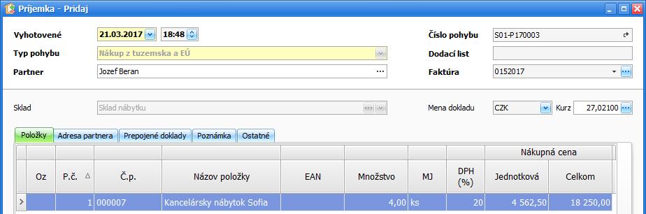 9. Zaevidujte príjem nového tovaru na sklad. Kancelársky nábytok Sofia zaevidujte na Sklad nábytku, pričom predajná cena bude 297,50 EUR s DPH za kus a vázy Kreativ na Sklad bytových doplnkov.