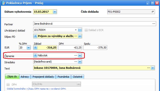 Úhradu vystaveného dobropisu pre Janu Bodnárovú zaúčtujte v peňažnom denníku v časti Pokladnica a zvoľte Príjem, vyplňte Dátum vyhotovenia, Partnera a v poli Uhrádzaný doklad kliknite na tlačidlo s