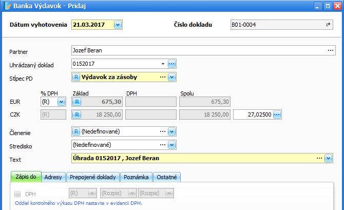 Kreditný úrok zaevidujte v peňažnom denníku v časti Banka a zvoľte Príjem, vyplňte Dátum vyhotovenia, Partnera a Stĺpec PD, do poľa Základ doplňte sumu a vyplňte Text úhrady, na záložke Zápis do nie