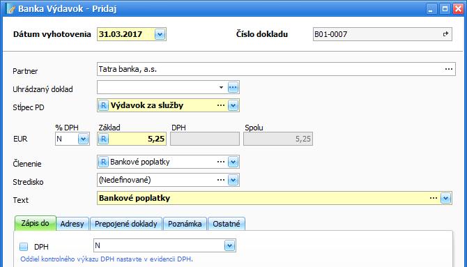 Bankové poplatky zaevidujte v peňažnom denníku v časti Banka a zvoľte Výdavok, vyplňte Dátum vyhotovenia, Partnera a Stĺpec PD, v poli % DPH