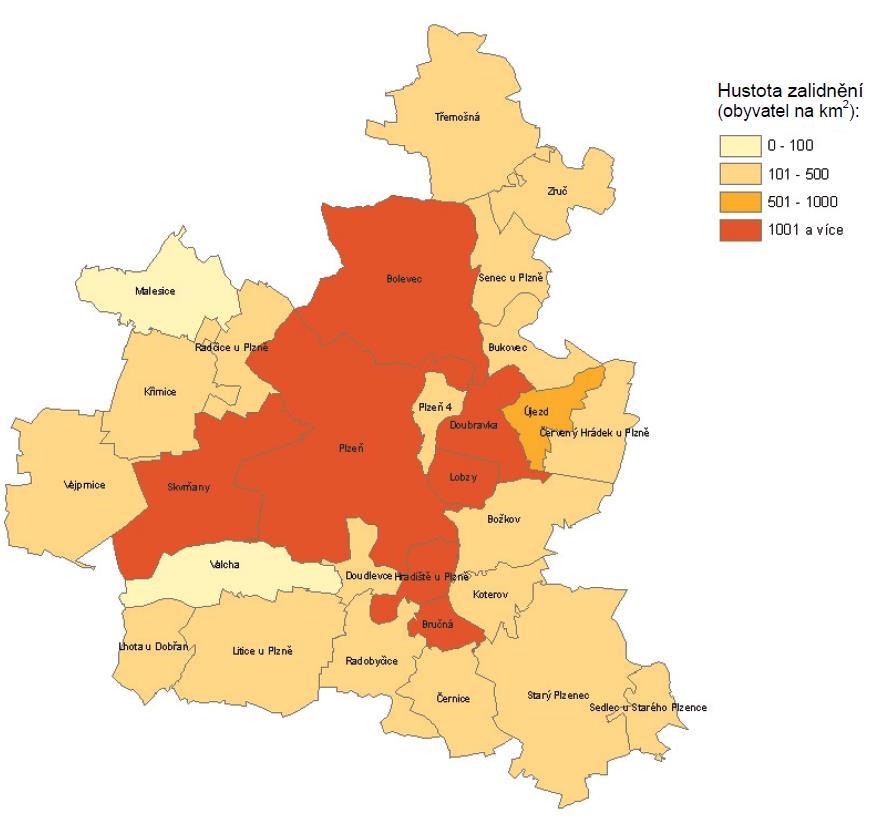 Obr. 4 Mapa katastrálních území aglmerace Plzeň