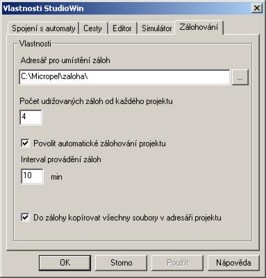 Adresář pro umístění záloh Počet udržovaných záloh Cesta k kořenovému adresáři záloh. Pod tímto adresářem se pak dále automaticky ukládají adresáře záloh jednotlivých projektů.