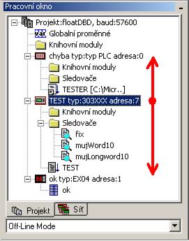 Některé položky projektu (automat, soubory) lze v rámci jejich složky posouvat.