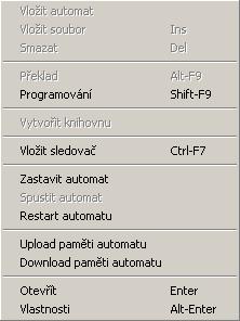 Programování souborem DNL Příkaz Programování přímo z místní nabídky zástupce automatu v okně Síť umožňuje programovat daný automat přímo vybraným binárním souborem DNL, tedy již výsledkem překladu,