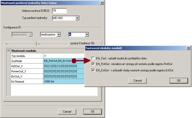 Adresa na lince EXBUS - určuje jedinečnou adresu zařízení na lince EXBUS, nejnižší povolená adresa je 16 Typ periferní jednotky - typ je možné měnit v rámci stejné skupiny jednotek MEX (MEX401 a