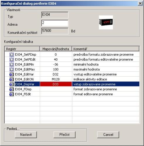 Konfigurační dialog periferie EX.