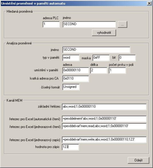 V části Analýza proměnné jsou zajímavé informace např. typ v paměti (word), umístění v paměti nebo krátká adresa pro přístup přes převodník CA atd.