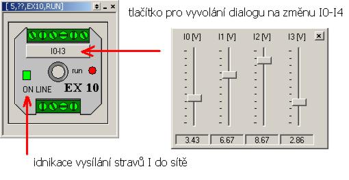 Pokud je vstup v logické jedničce, je jeho tlačítko zobrazeno žlutě, jinak šedivě Simulátor periferie EX08 Panel simulátoru EX 10 obsahuje tlačítko pro změnu analogových hodnot I0-I4 pomocí dialogu