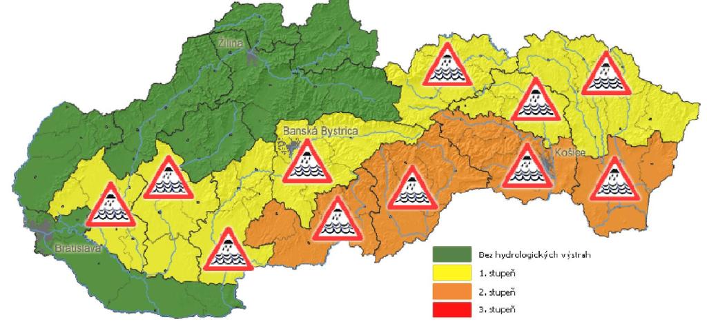 15 5 Hydrologické výstrahy Po zhodnotení hydrologickej situácie, poveternostnej situácie a predpokladaného vývoja povodňovej situácie na východnom Slovensku vydávalo Oddelenie HPaV Košice výstrahy 1.