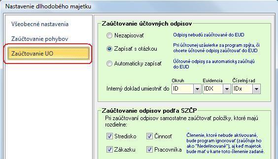 Zároveň tu je možné nastaviť, aby program rozúčtoval odpisy podľa zadaného SZČP na karte majetku. Interný doklad bude zaúčtovaný do číselného radu podľa zvoleného nastavenia.