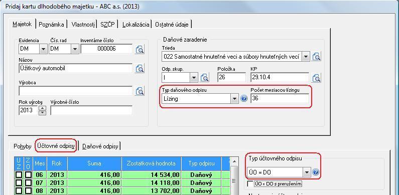 TIP: Podľa mesačnej doby používania vypočíta program mesačný odpis nasledovne: 8.298,50 : 24 = 345,78 x 1 = 345,78 EUR.