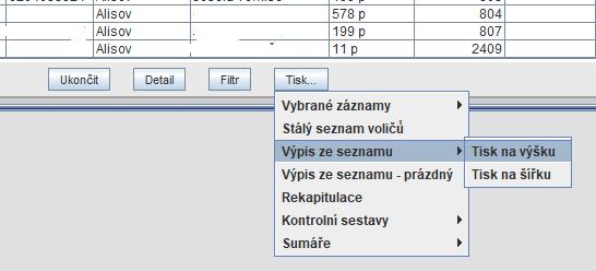 Tisk Výpisů ze seznamu pro volební komise Volebním komisím se předávají výpisy ze stálého seznamu voličů a z dodatku (Seznam voleb Seznamy - Stálý seznam voličů nebo Dodatek seznamu voličů tlačítko