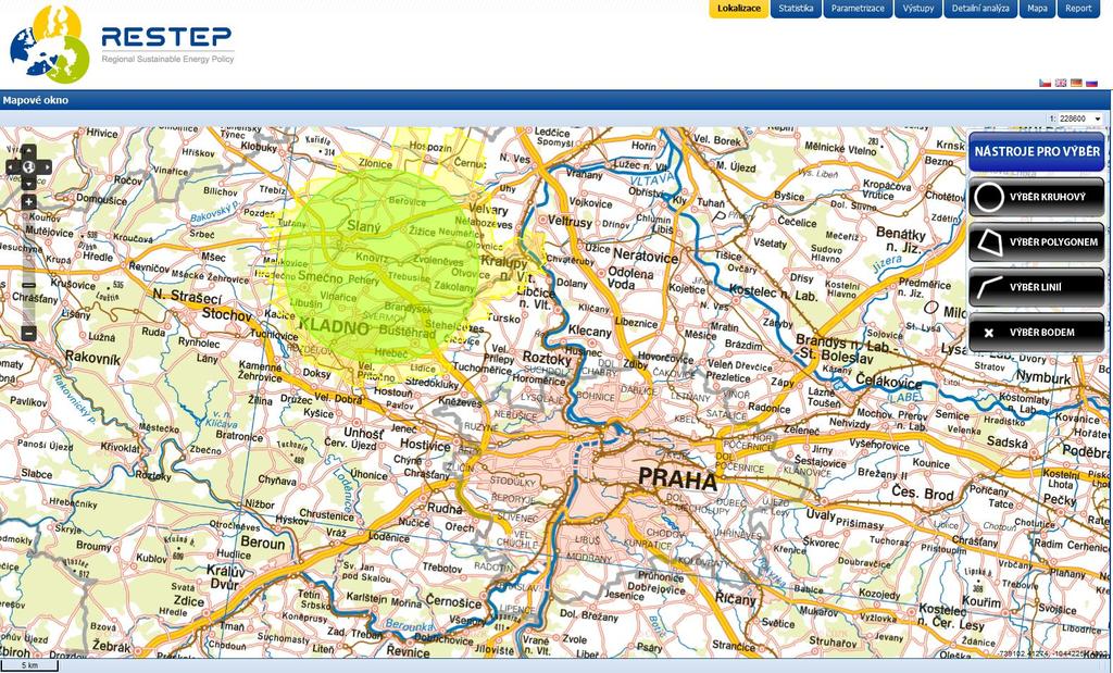 Obr. 2 Lokalizace zájmové oblasti v aplikaci RESTEP V případě, že je uživatel spokojen s vybraným územím, aplikace nabídne uživateli dostupnou statistiku pro