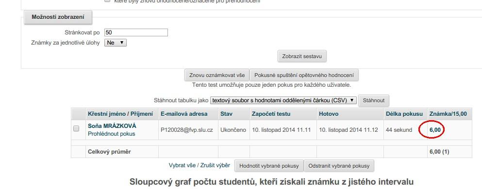 1.2.6 Hotový test v tabulce s body Moodle: Jak opravovat testy s otevřenými otázkami Jestliže je hodnocení testu/pokusu ukončeno, tzn.