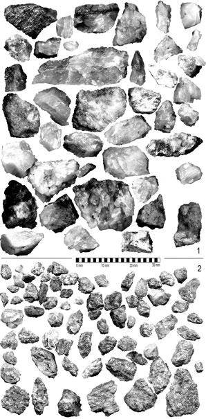 Nalezeno na deponii 1191 v blízkosti nádržky 0617 (tůň východ, čtverec M2, výzkum 2010). Foto P. Duffek. Fig. 39. Quartz impurity from ore-stamp. Size is like a ore granulate from reservoir 0594.