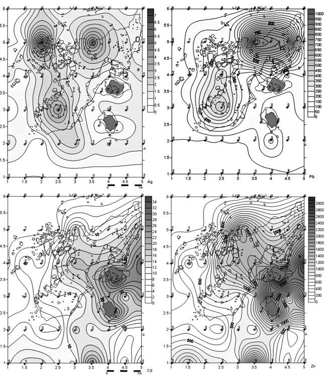 Acta rerum naturalium 12, 145 180, 2012 ISSN 1801 5972 Obr. 16. Plánek ohnišť a pozůstatků deponie rudniny ve čtverci C 13 s plošným vynesením naměřených obsahů Ag, Pb, Cd a Zn v síti 0,5 1 m. Fig.