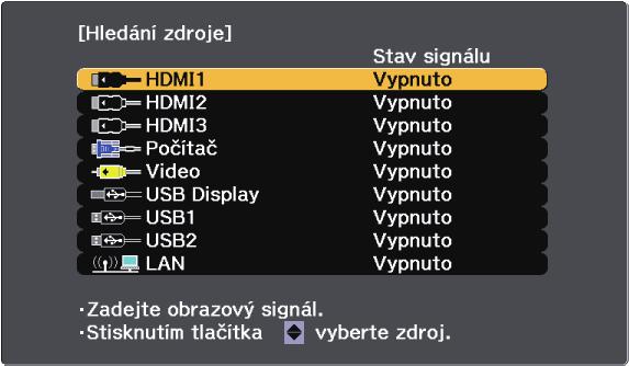 Výběr zdroje obrzu 67 Když je k projektoru připojeno více zdrojů obrzu, npříkld počítč DVD přehrávč, můžete jednotlivé zdroje obrzu přepínt.