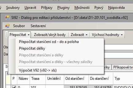 SI92 Konec Ukončí běh programu Sestavení Výpočet V92 (V92 -> XLS + situace.t91) Výpis položek příslušenství pro kontroly a soupisy prací.