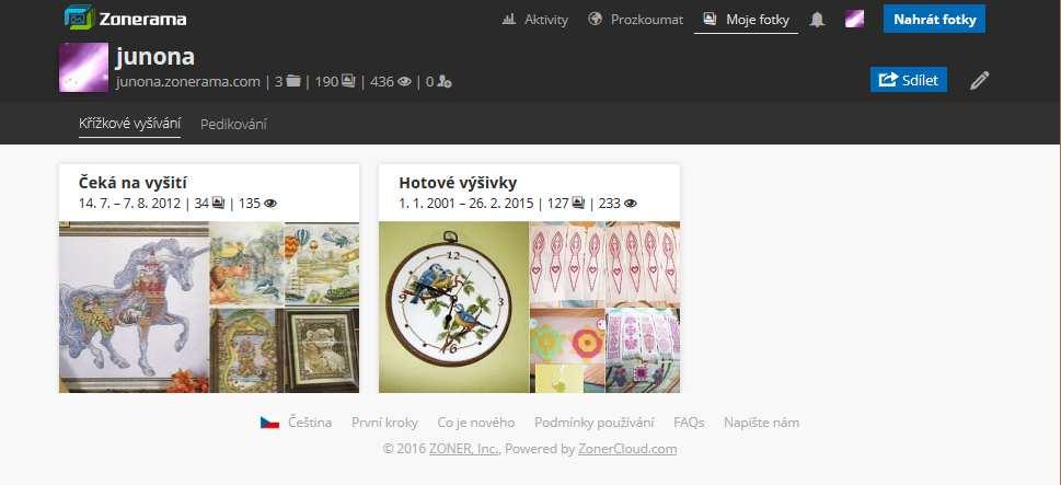 Po všech nezbytných nastavení se vrátíme do své galerie na Zoneramě kliknutím na odkaz Moje fotky (je vidět v horním menu, pokud je tam člověk zrovna přihlášený): Klepnutím na jednotlivá alba se